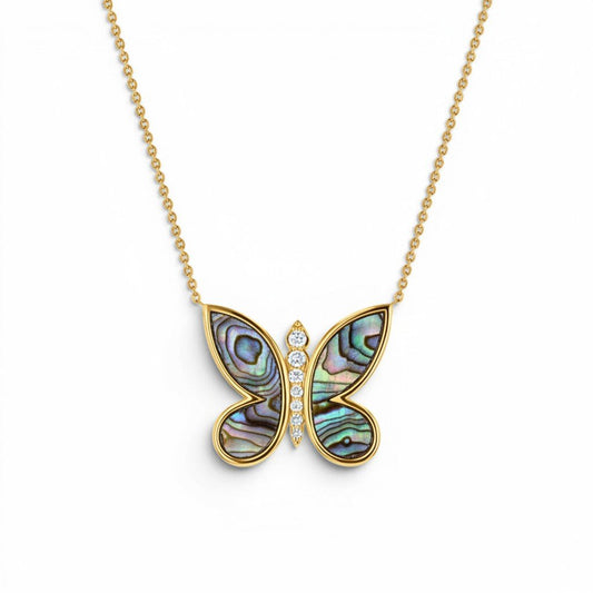 Diamond Abalone Inlay Butterfly Necklace - Lotus Diamond