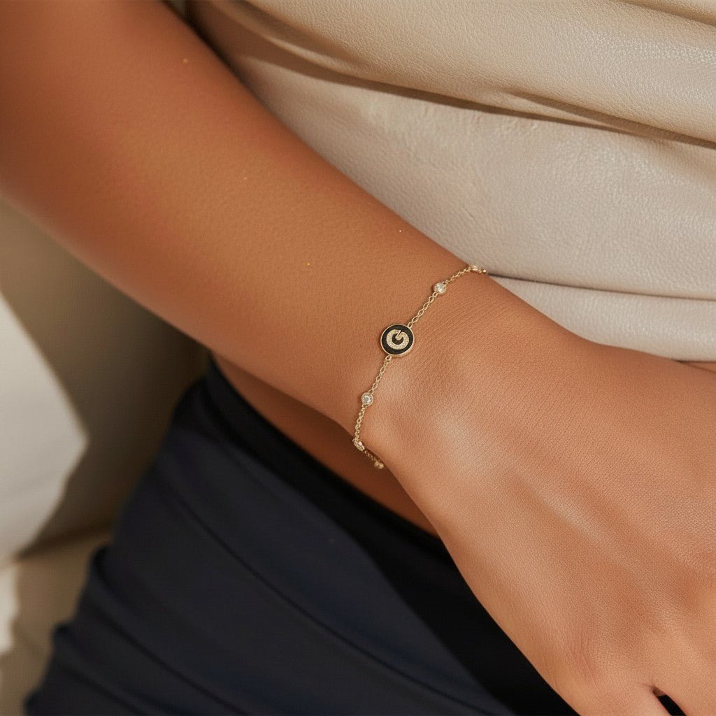 Diamond Bezel Strand Initial Letter Coin Bracelet - Lotus Diamond