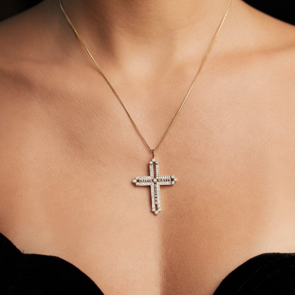 Diamond Custom Name Cross Pendant - Lotus Diamond