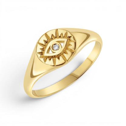 Diamond Evil Eye Round Signet Ring - Lotus Diamond