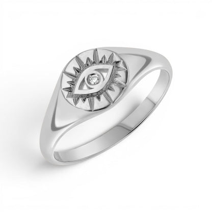 Diamond Evil Eye Round Signet Ring - Lotus Diamond