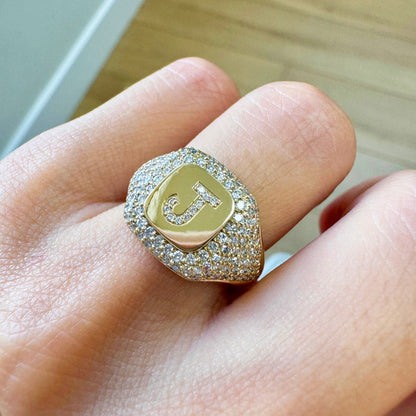 Diamond Pave Initial Signet Ring - Lotus Diamond
