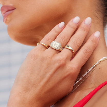 Diamond Pave Initial Signet Ring - Lotus Diamond