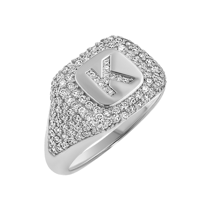Diamond Pave Initial Signet Ring - Lotus Diamond