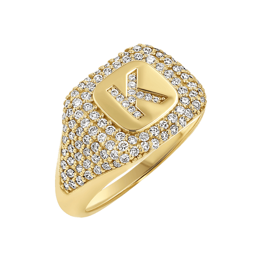 Diamond Pave Initial Signet Ring - Lotus Diamond