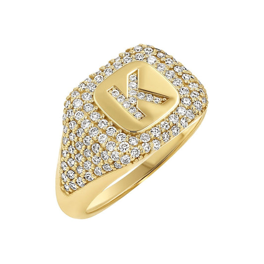 Diamond Pave Initial Signet Ring - Lotus Diamond