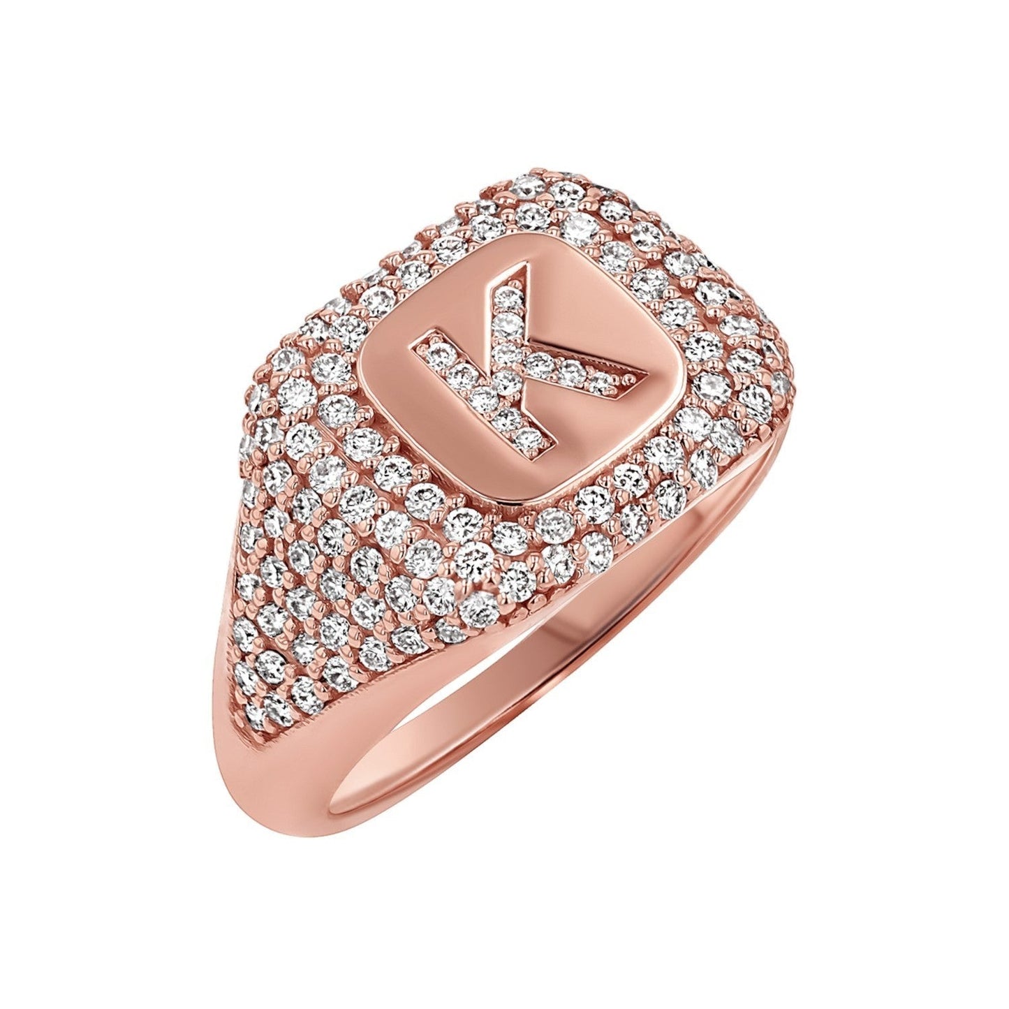 Diamond Pave Initial Signet Ring - Lotus Diamond