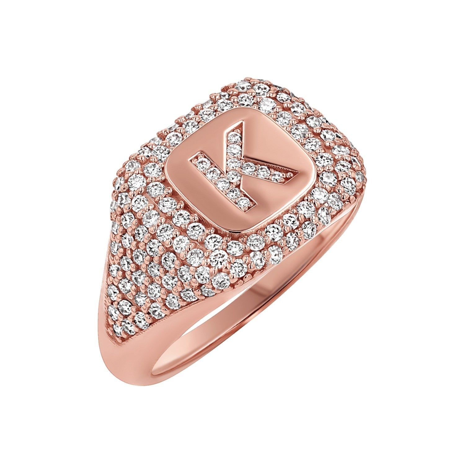 Diamond Pave Initial Signet Ring - Lotus Diamond