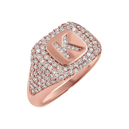 Diamond Pave Initial Signet Ring - Lotus Diamond