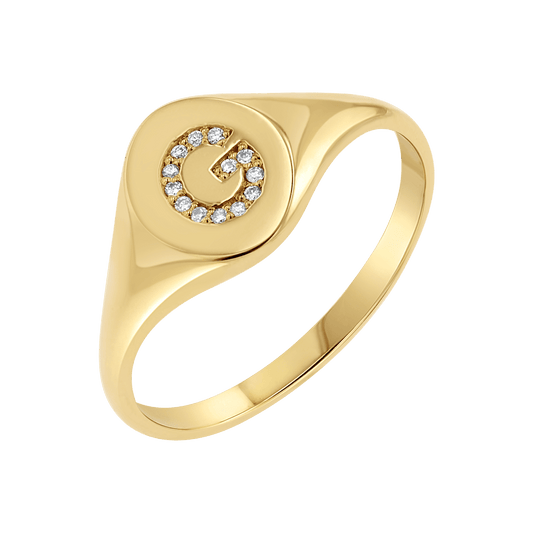Diamond Signet Initial Letter Ring - Lotus Diamond