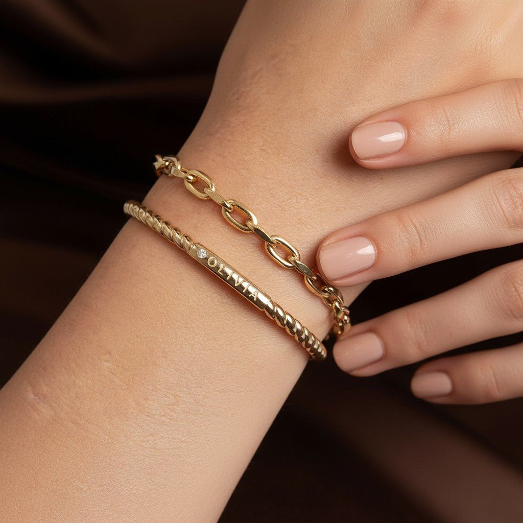 Diamond Solitaire Engravable Twist Name Cuff - Lotus Diamond