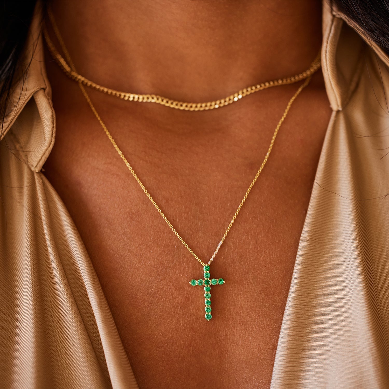 Emerald Cross Necklace - Lotus Diamond