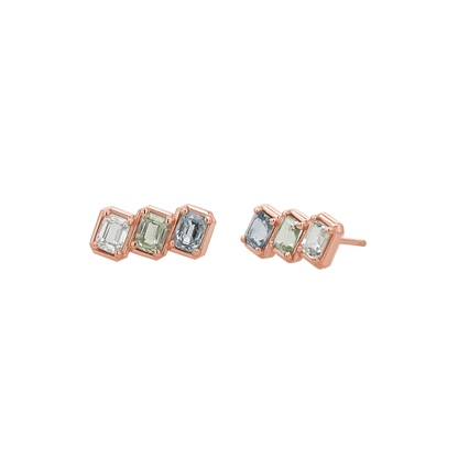 Emerald Cut Blue Ombré Trio Sapphire Earrings - Lotus Diamond