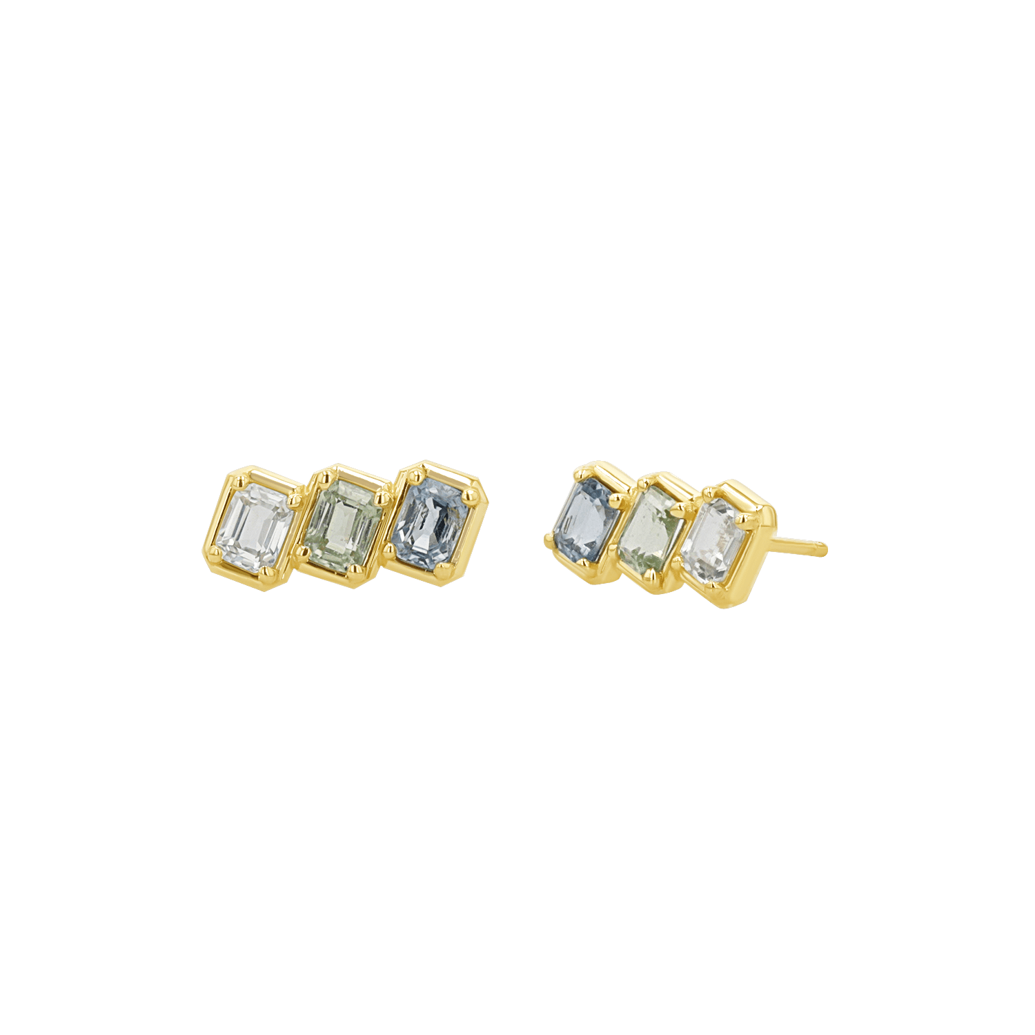 Emerald Cut Blue Ombré Trio Sapphire Earrings - Lotus Diamond