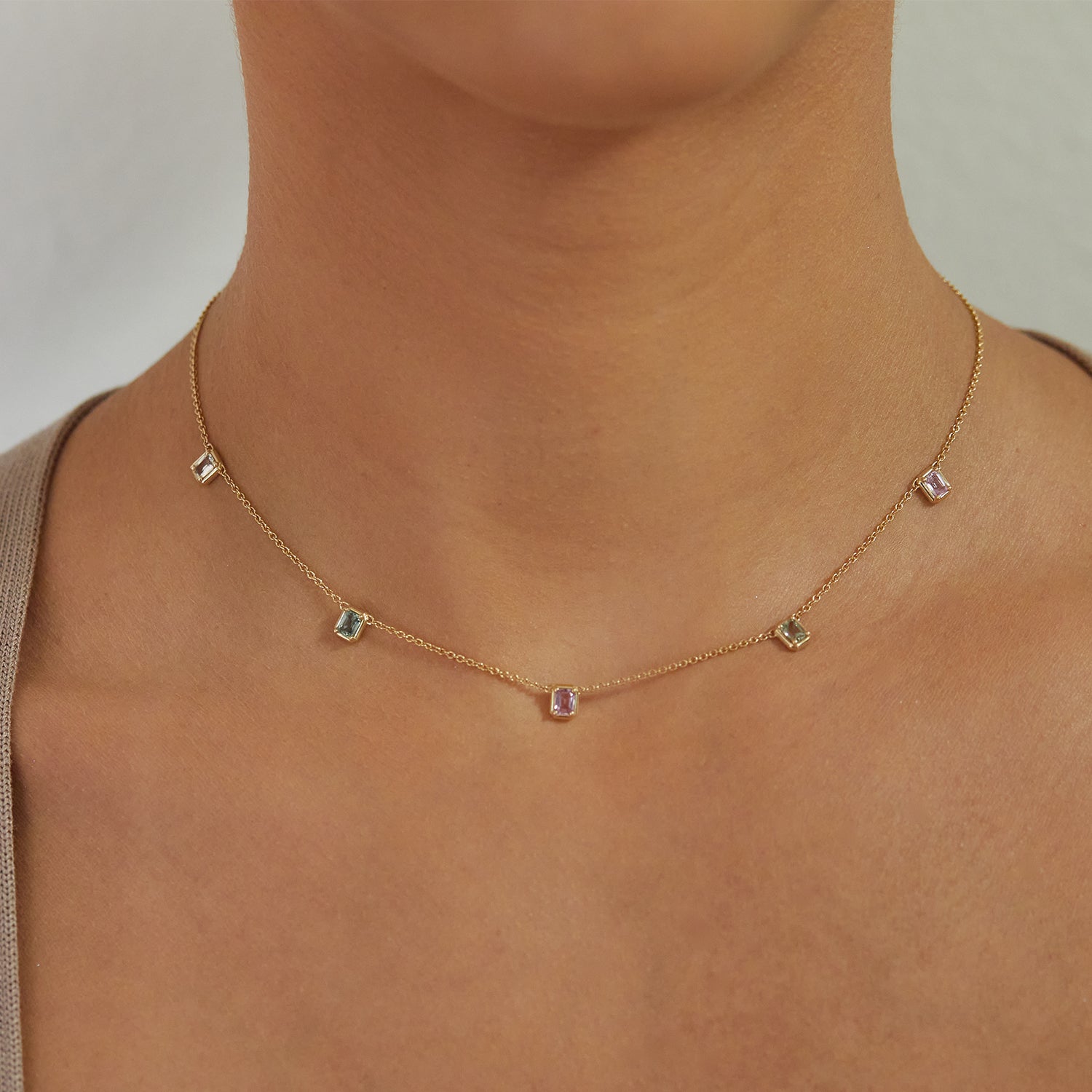 Emerald Cut Sapphire Station Necklace - Lotus Diamond