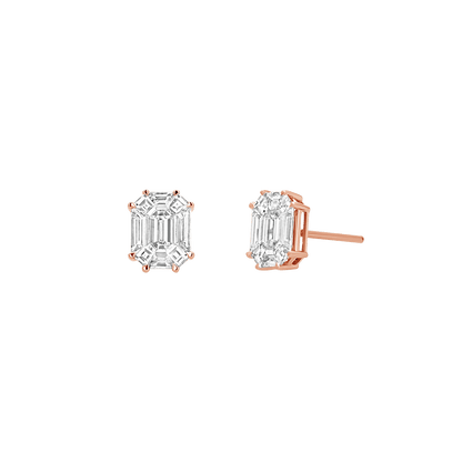 Emerald Shape Illusion Set Diamond Stud Earrings - Lotus Diamond