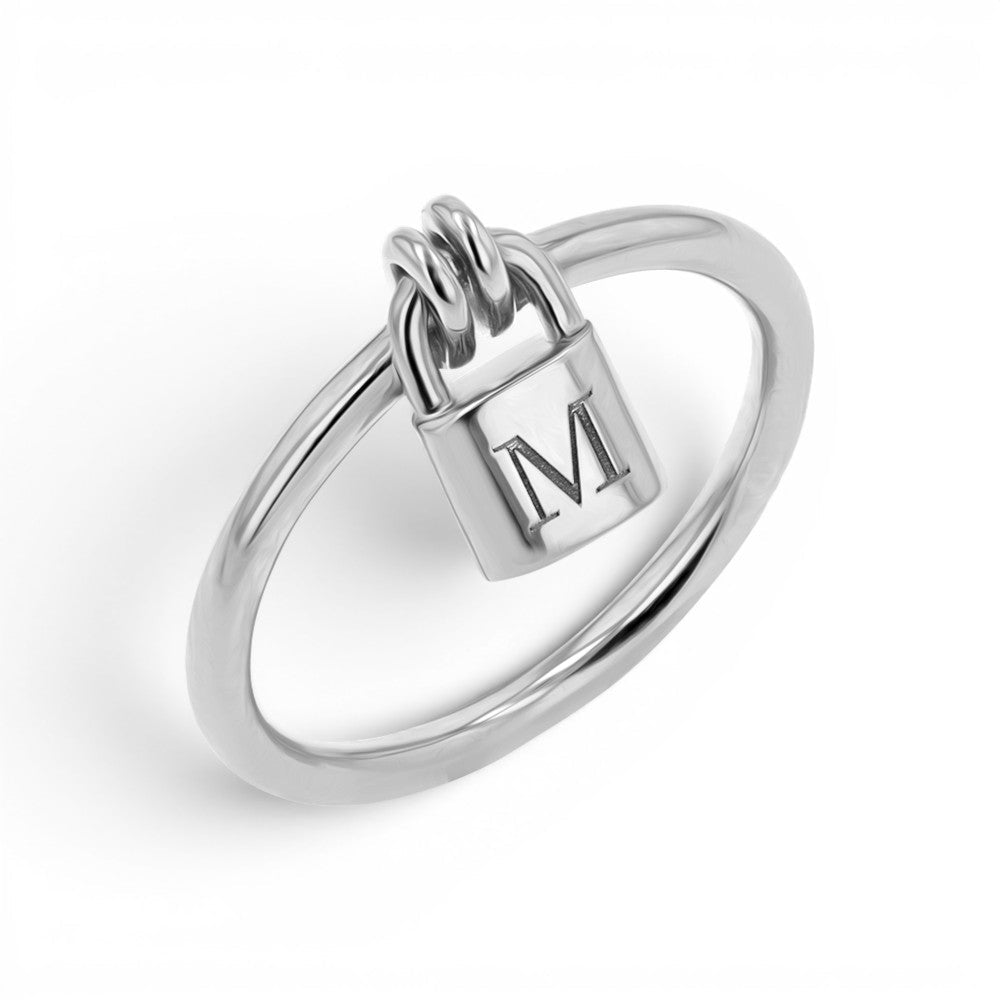 Engravable Initial Love Padlock Ring - Lotus Diamond