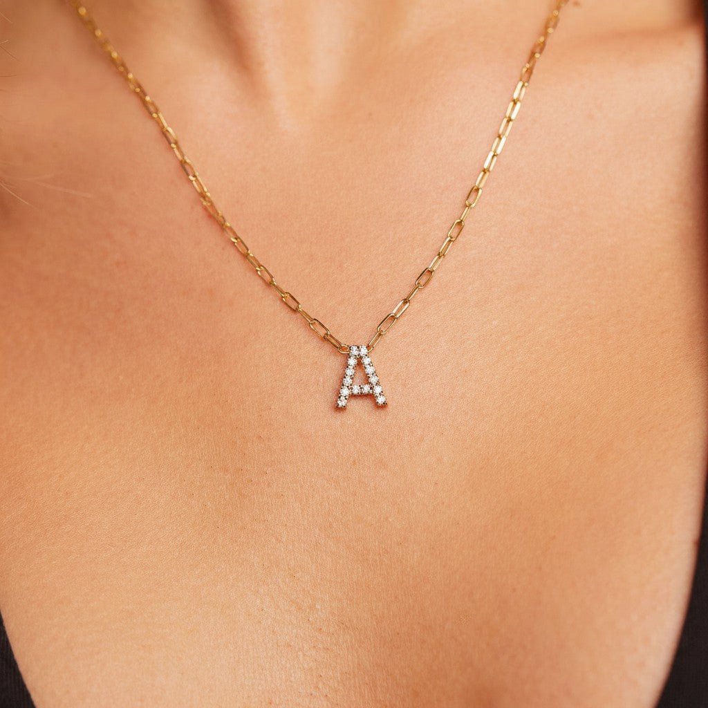 Grand Initial Paper Clip Necklace - Lotus Diamond