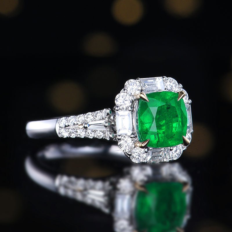 【GUILD Certified Wharton Green 】 Natural emerald ring - Lotus Diamond