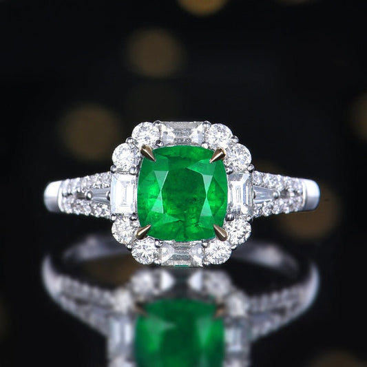 【GUILD Certified Wharton Green 】 Natural emerald ring - Lotus Diamond