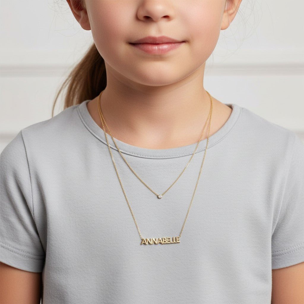 Kids Block Letter Name Necklace - Lotus Diamond