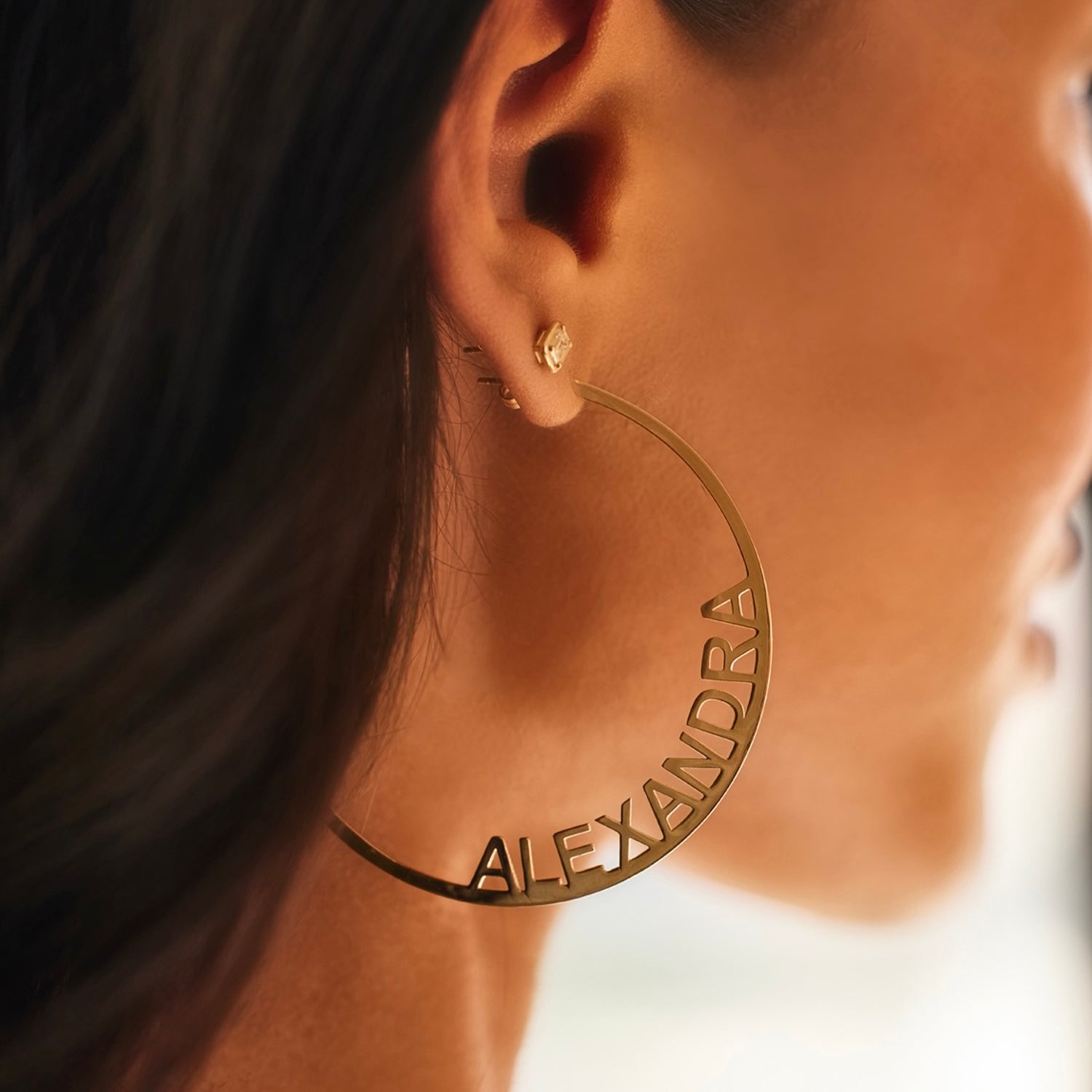 Large Custom Block Name Hoop Earrings - Lotus Diamond