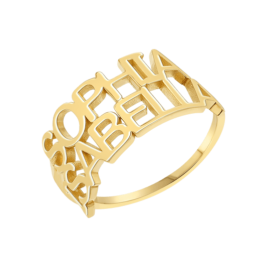 Linear Double Name Ring - Lotus Diamond