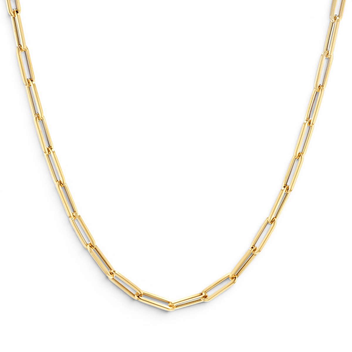 Lotus Diamond 14K yellow gold paper clip chain necklace with semi-hollow links and lobster clasp.