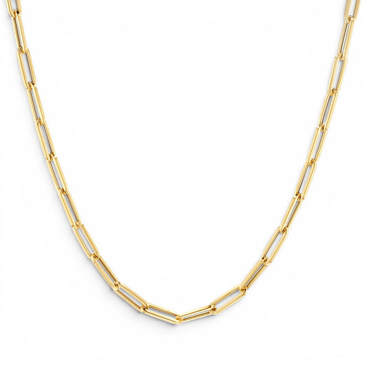 Lotus Diamond 14K yellow gold paper clip chain necklace with semi-hollow links and lobster clasp.