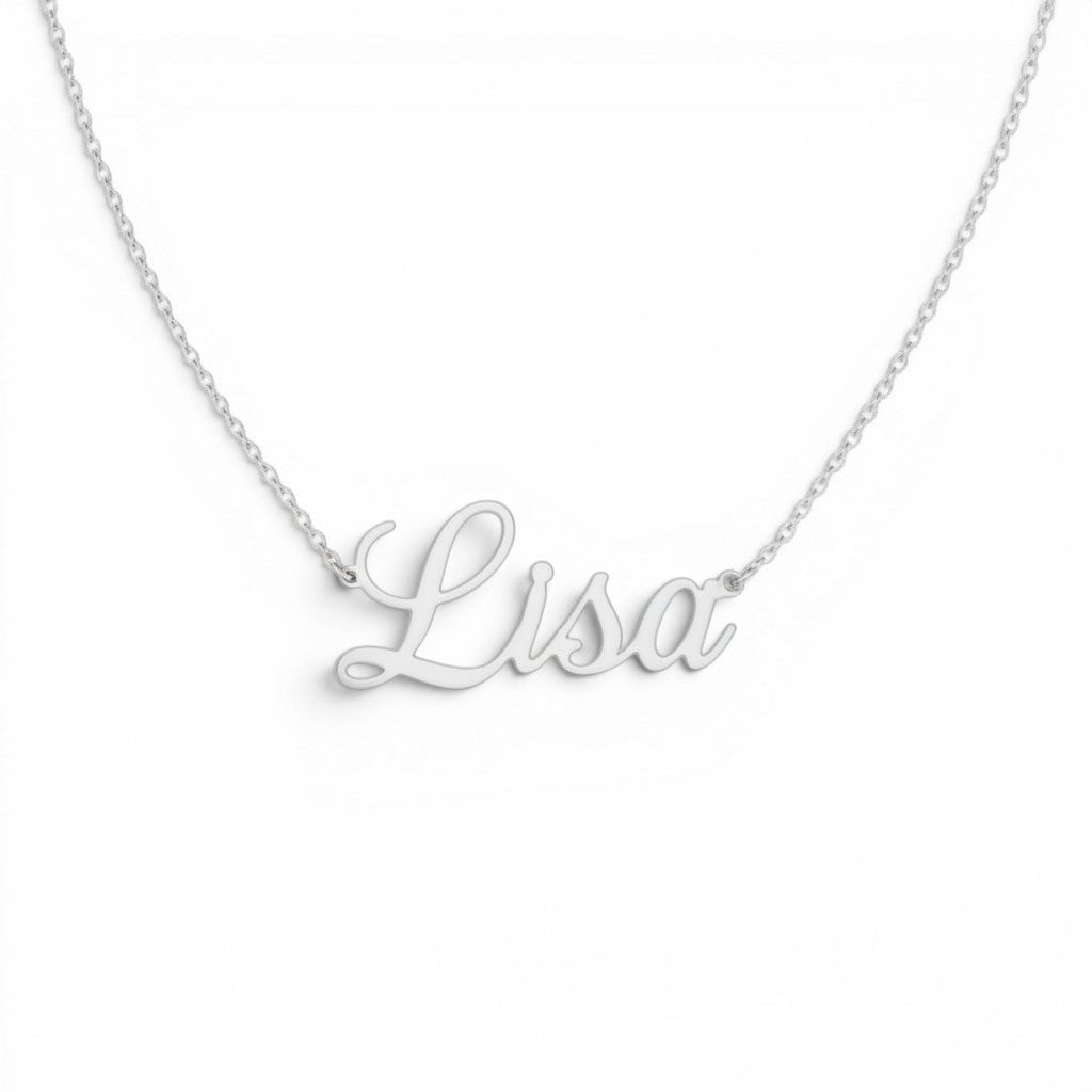Lotus Diamond 14k gold cursive custom name necklace with spring clasp, 11mm height. Sustainable and recycled gold.