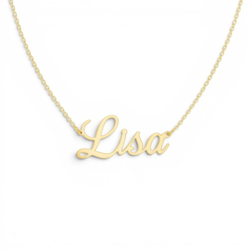 Lotus Diamond 14k gold cursive custom name necklace with spring clasp. Sustainable, recycled gold.