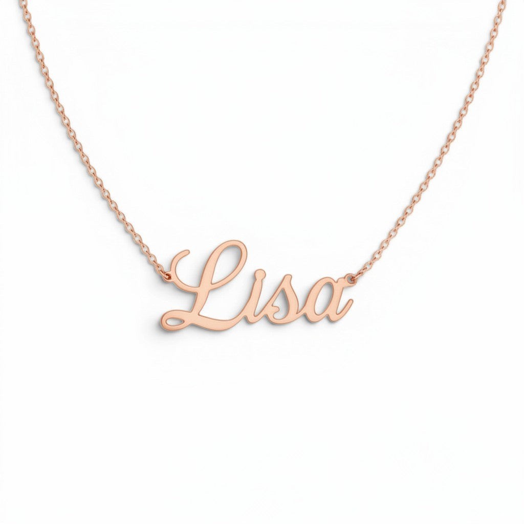 Lotus Diamond 14k gold cursive custom name necklace with spring clasp. Features name 'Lisa'.