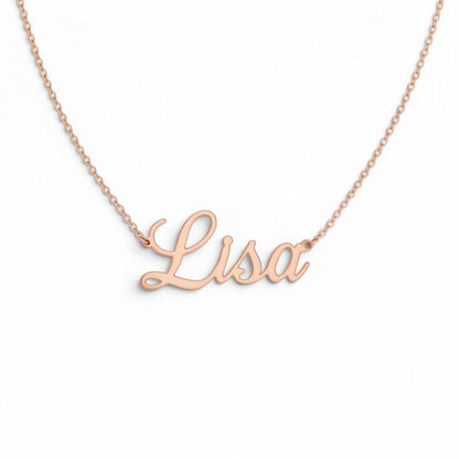 Lotus Diamond 14k gold cursive custom name necklace with spring clasp. Features name 'Lisa'.