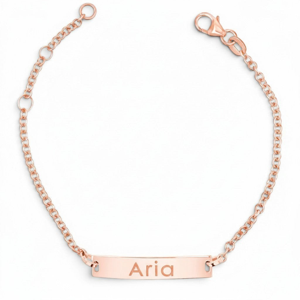 Lotus Diamond rose gold plated sterling silver engravable ID bracelet with "ARIA" engraved on the plate.