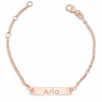 Lotus Diamond rose gold plated sterling silver engravable ID bracelet with "ARIA" engraved on the plate.