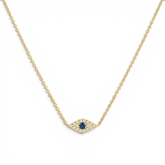 Lotus Diamond 14k gold necklace with pave diamonds and a central blue sapphire evil eye pendant.