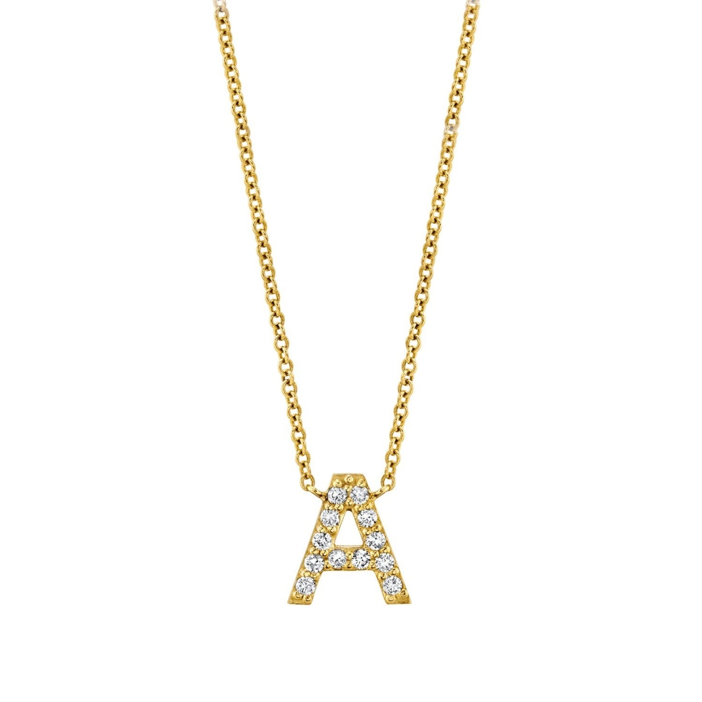 Lotus Diamond 14k gold necklace with pave diamond letter A on a dainty chain.