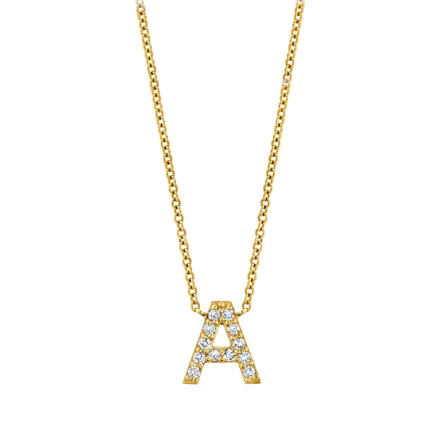 Lotus Diamond 14k gold necklace with pave diamond letter A on a dainty chain.