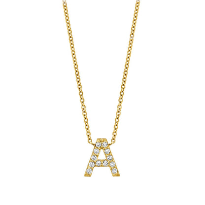 Lotus Diamond 14k gold necklace with pave diamond letter A on a dainty chain.