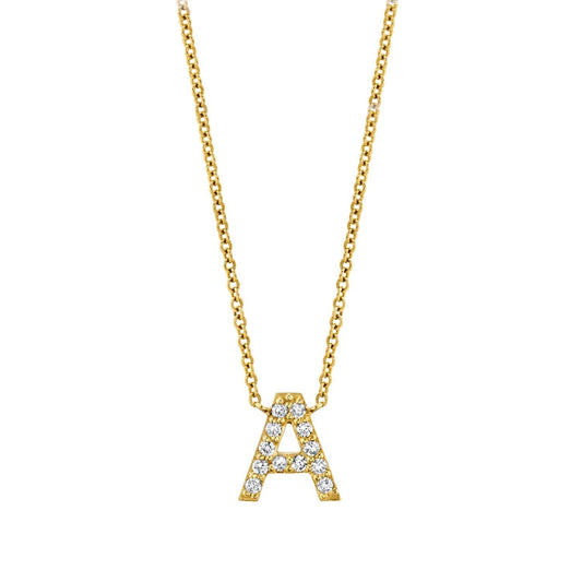 Lotus Diamond 14k gold necklace with pave diamond letter A on a dainty chain.