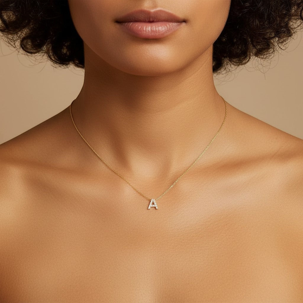 Lotus Diamond 14k gold diamond pave letter A necklace on a dainty adjustable chain. Natural diamonds.