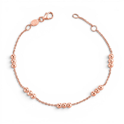 Lotus Diamond Kids Dainty Triple Gold Bead Bracelet, rose gold, delicate chain with clusters of 3 beads.