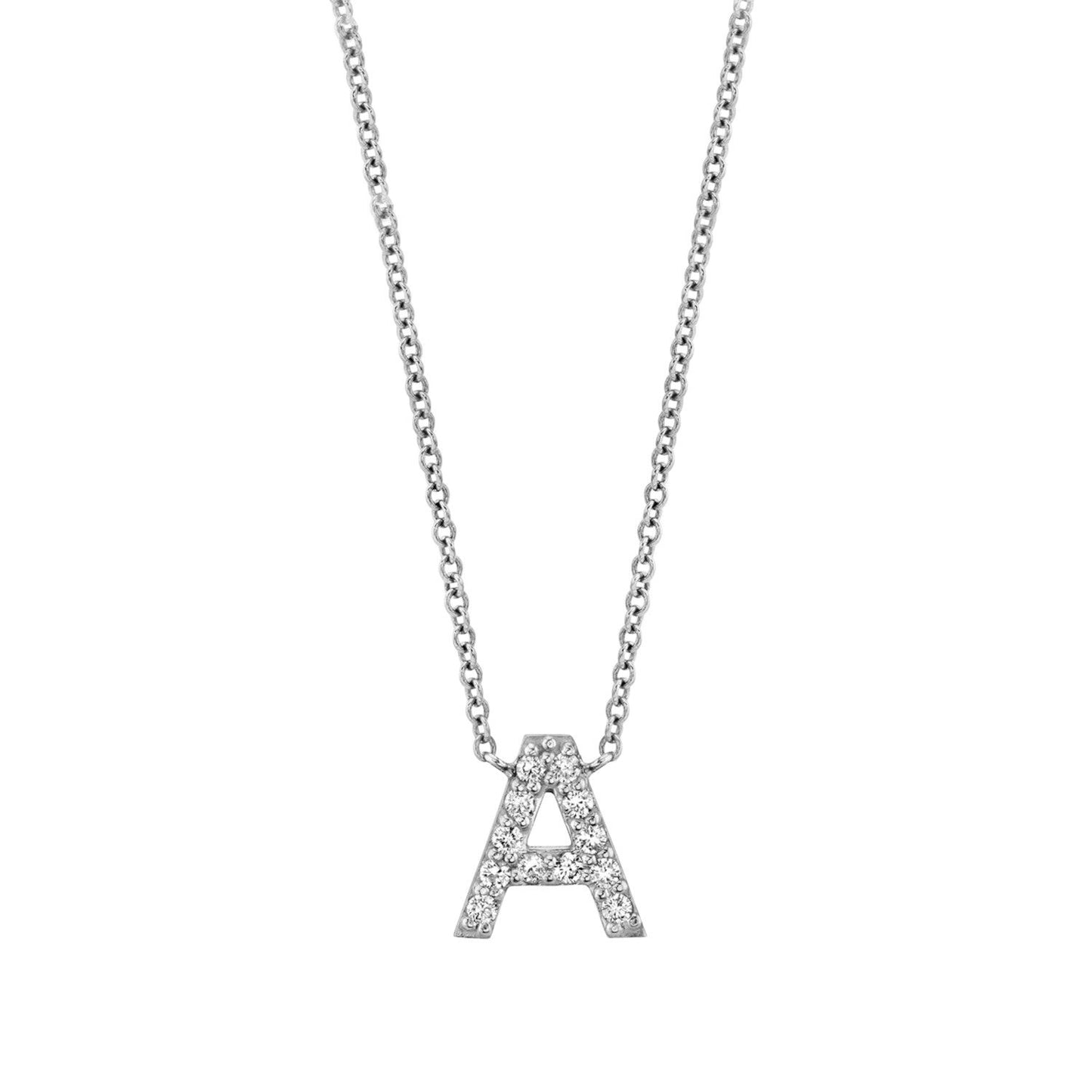 Lotus Diamond kids 14k gold diamond pave letter A necklace on a dainty adjustable chain.