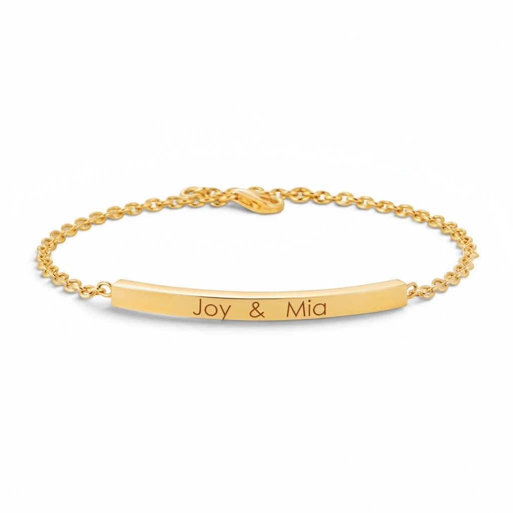 Lotus Diamond Kids Quad Bar ID Engravable Bracelet, 100% recycled gold, 38mm, engraved with Joy & Mia.