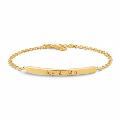Lotus Diamond Kids Quad Bar ID Engravable Bracelet, 100% recycled gold, 38mm, engraved with Joy & Mia.