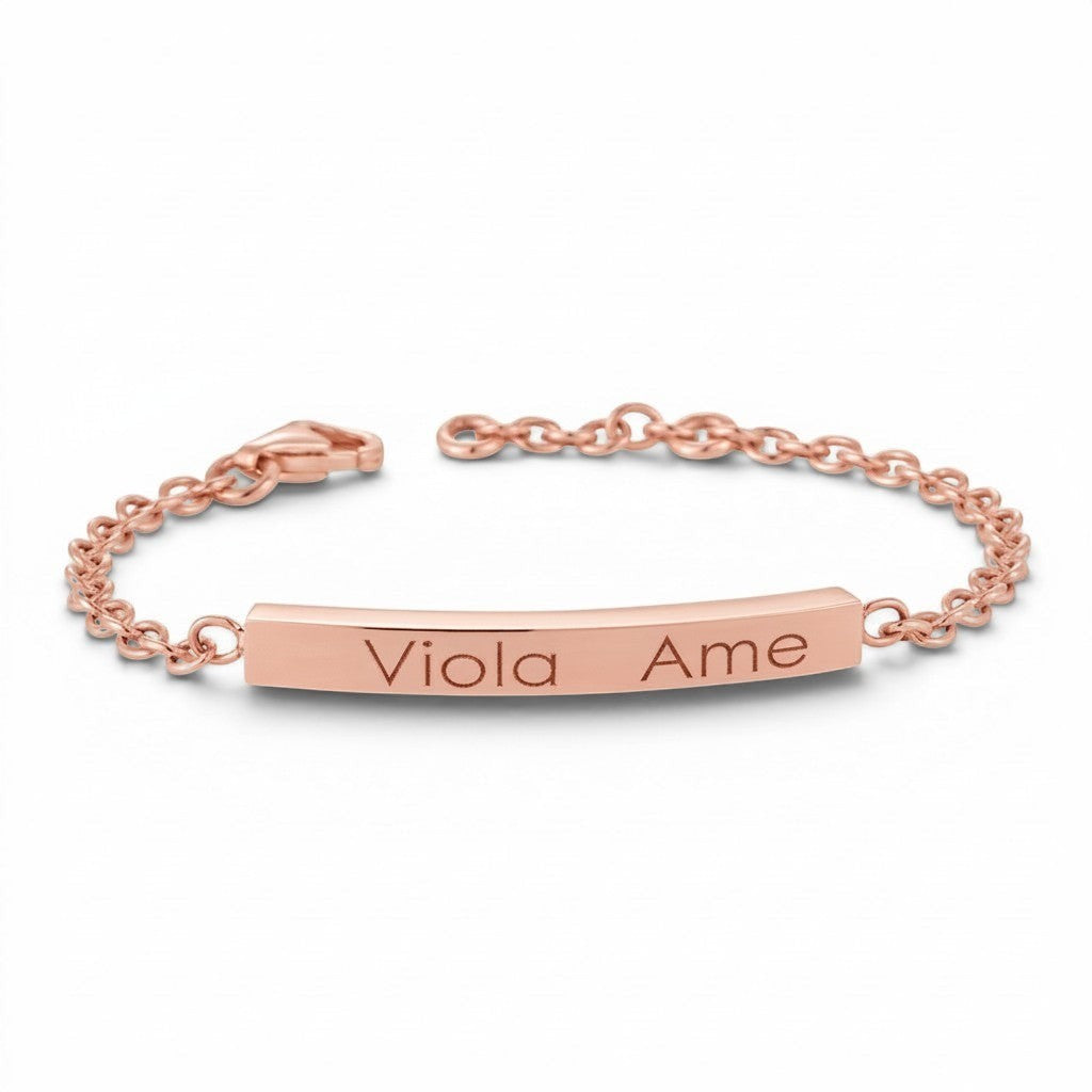 Lotus Diamond Kids Short Quad Bar ID Engravable Bracelet in recycled gold with 'Viola Ame' engraved.