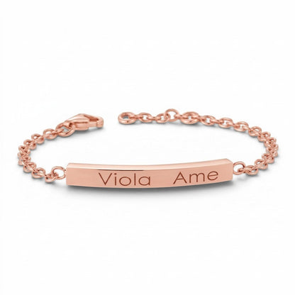 Lotus Diamond Kids Short Quad Bar ID Engravable Bracelet in recycled gold with 'Viola Ame' engraved.