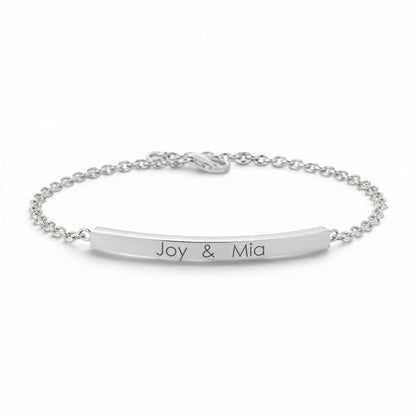 Lotus Diamond Kids Quad Bar ID Engravable Bracelet in recycled gold with 'Joy & Mia' engraving.