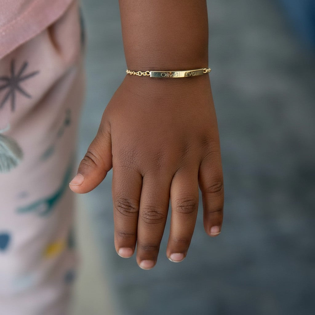 Lotus Diamond kids short quad bar bracelet in recycled gold, engravable with names.