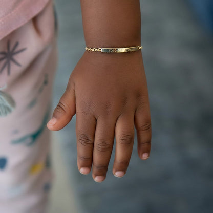 Lotus Diamond kids short quad bar bracelet in recycled gold, engravable with names.